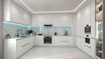 Modern white u shaped kitchen with marble backsplash and blue accent lighting