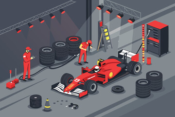Obraz premium Dynamic vector illustration of an F1 pit stop, mechanics swiftly changing a race car's tires.