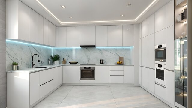 Modern white u shaped kitchen with marble backsplash and blue accent lighting