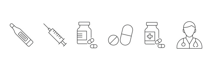 Medical line icon set. Containing doctor, stethoscope, medicine, hospital, treatment, healthcare, nurse, pills, thermometer, syringe,  clinic and more. Vector illustration.