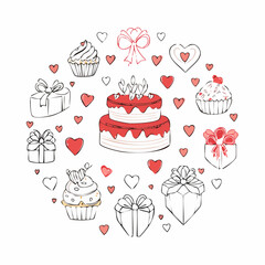 Set of line art whimsical illustrations for valentine's day. Outline coquette drawings of hearts, cake, flowers, bows and ribbons. Y2k trendy sketch illustrations for card, poster. Vector ...