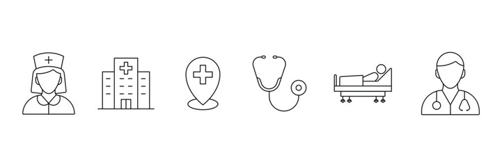 Medical line icon set. Containing doctor, stethoscope, medicine, hospital, treatment, healthcare, nurse, pills, thermometer, syringe,  clinic and more. Vector illustration.