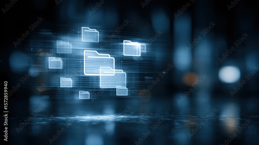Poster abstract network grid with files and folders, futuristic software interface, digital document manage