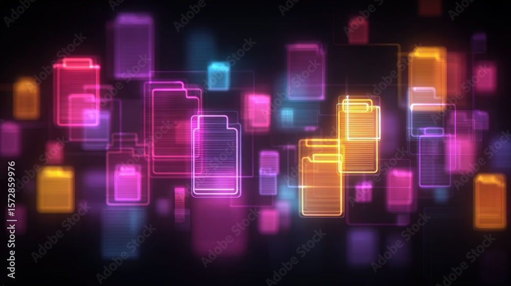Poster abstract network grid with files and folders, futuristic software interface, digital document manage