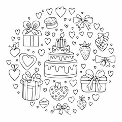 Set of line art whimsical illustrations for valentine's day. Outline coquette drawings of hearts, cake, flowers, bows and ribbons. Y2k trendy sketch illustrations for card, poster. Vector ...
