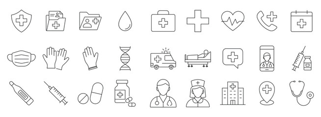Medical line icon set. Containing doctor, stethoscope, medicine, hospital, treatment, healthcare, nurse, pills, thermometer, syringe,  clinic and more. Vector illustration.