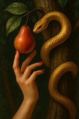 In the shadowed garden, a gilded serpent offers a fateful choice, its silent persuasion captured in the glow of the forbidden fruit and a single, deliberate and fateful touch