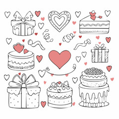 Set of line art whimsical illustrations for valentine's day. Outline coquette drawings of hearts, cake, flowers, bows and ribbons. Y2k trendy sketch illustrations for card, poster. Vector ...