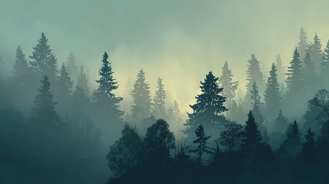 A misty, mountainous forest scene at dawn, featuring numerous dark evergreen trees silhouetted against a pale, ethereal sky. The fog creates a sense of depth and mystery