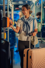 Tourist paying bus fare with smartphone and nfc technology