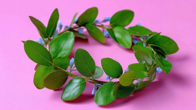 Close-up of a green leaf and blue berry wreath on a soft pink background, ideal for spring or floral themes. - Powered by Adobe