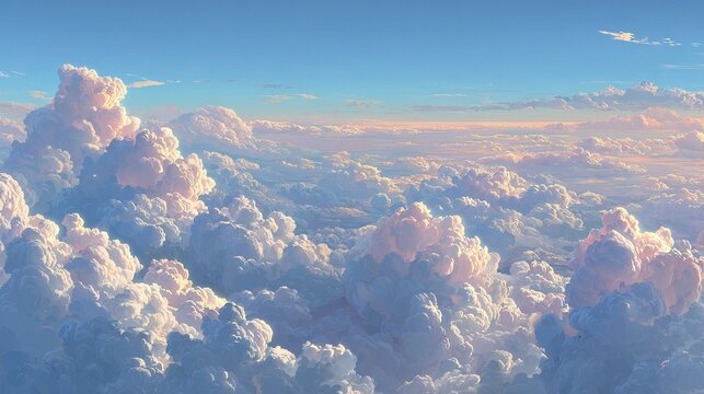 A panoramic view of a vast expanse of fluffy cumulus clouds illuminated by a soft, warm sunset light, creating a serene and ethereal atmosphere.  The sky above is a clear, pale blue
