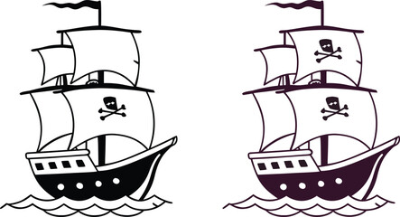 pirate ship with sword and sail on ocean water illustration, Pirate Ship Vector Icons – Cartoon Sailing Boat with Skull Sails , Black and White Pirate Ship Illustration—Vintage Pirate Vessel Clipart