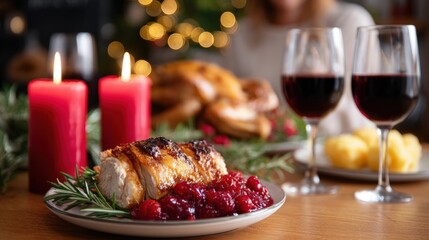 Plate with roasted turkey and cranberry sauce on white dish, close-up, warm lighting, food photography.