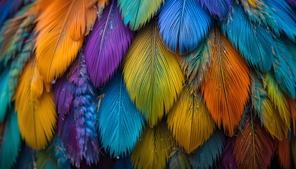 Obraz premium Vibrant Layered Bird Feathers in Rainbow Hues – Nature Still Life Representing Color Harmony, Ornamental Texture, and Avian Elegance