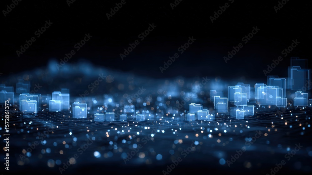 Poster abstract network grid with files and folders, futuristic software interface, digital document manage