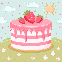 Cute pink bento cake with melting glaze and strawberries on top. Girly dessert for birthday, valentine day, anniversary. Hand drawn doodle pastry. Vector ...