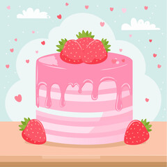 Cute pink bento cake with melting glaze and strawberries on top. Girly dessert for birthday, valentine day, anniversary. Hand drawn doodle pastry. Vector ...