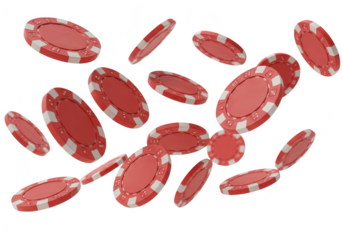 A flurry of red casino chips falling, representing the excitement and risk of gambling isolated on transparent background