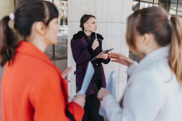 Three women in professional attire engaged in a leadership discussion outdoors, highlighting...