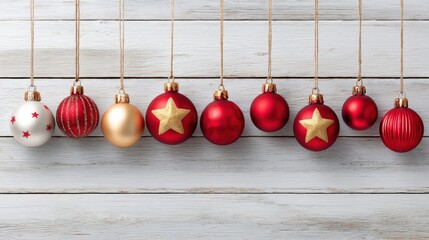 Close-up of colorful Christmas ornaments hanging on strings with festive red and gold tones on a blurred background.