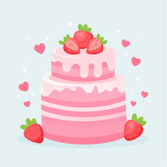 Cute pink bento cake with melting glaze and strawberries on top. Girly dessert for birthday, valentine day, anniversary. Hand drawn doodle pastry. Vector ...