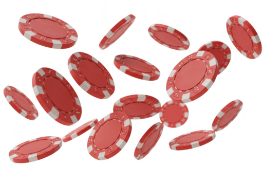 A flurry of red casino chips falling, representing the excitement and risk of gambling isolated on transparent background