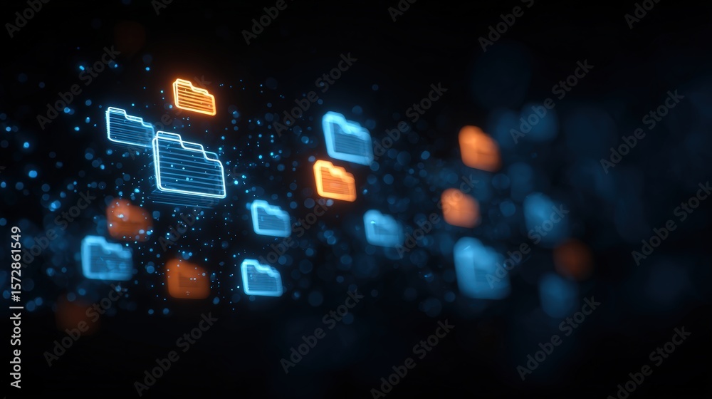 Poster abstract network grid with files and folders, futuristic software interface, digital document manage