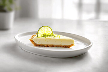 Delicious key lime pie with lime zest garnish, vibrant studio-lit food photo in sharp focus on clean background