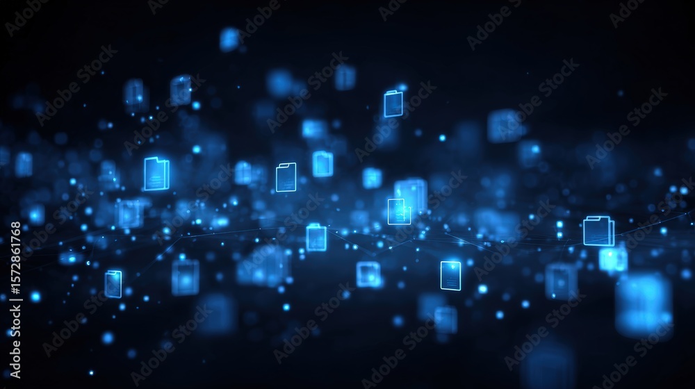 Poster abstract network grid with files and folders, futuristic software interface, digital document manage
