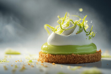 Delicious key lime pie with lime zest garnish, vibrant studio-lit food photo in sharp focus on clean background