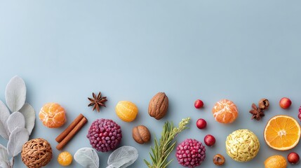 Assorted colorful fruits and vegetables neatly arranged on a bright blue background, top view, daylight.