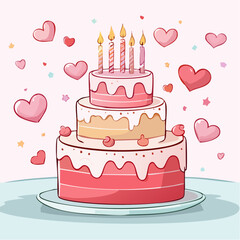 Hand drawn line art illustration of cute cake with candles. Coquette dessert for valentine day, birthday, wedding. Outline scribble pastry. Vector ...