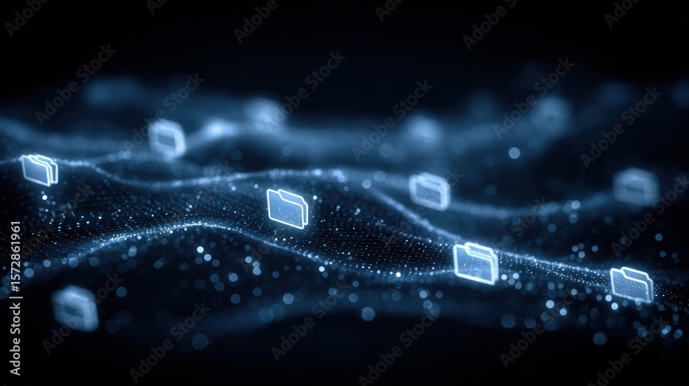 Poster abstract network grid with files and folders, futuristic software interface, digital document manage
