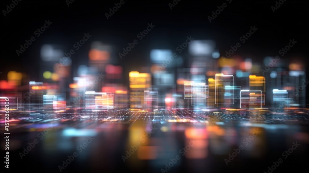Poster abstract network grid with files and folders, futuristic software interface, digital document manage