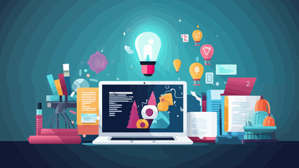 Conceptual graphic of creative workspace with laptop, books, light bulb, and design elements evoking innovation and modern study environment.