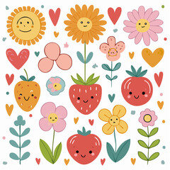 Set of naive retro doodles. Cute flowers, hearts, strawberry, cherry, smiling faces and other shapes. Abstract groovy decor. 70s disko party aesthetic. Funky vector elements for card, poster ...