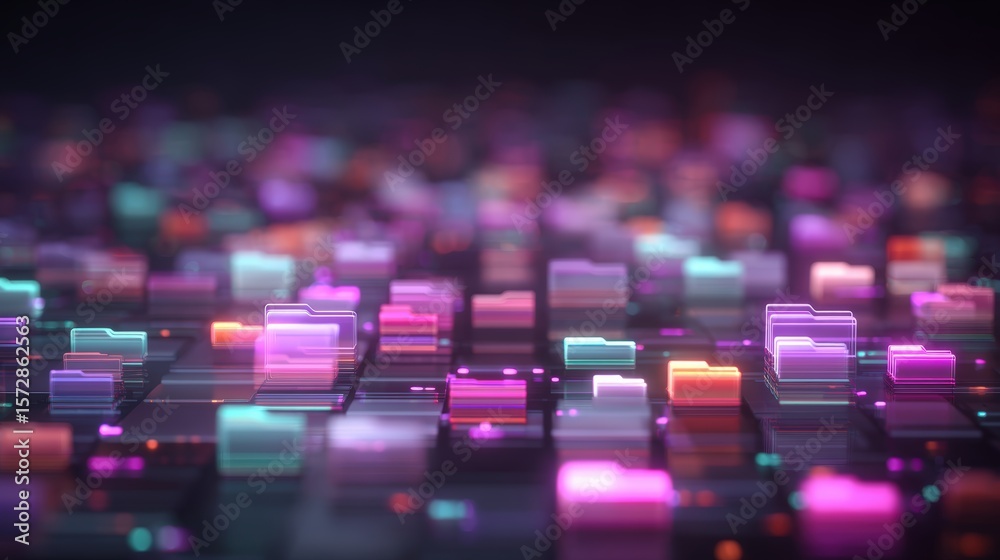 Poster abstract network grid with files and folders, futuristic software interface, digital document manage