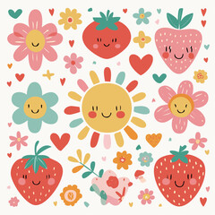 Set of naive retro doodles. Cute flowers, hearts, strawberry, cherry, smiling faces and other shapes. Abstract groovy decor. 70s disko party aesthetic. Funky vector elements for card, poster ...
