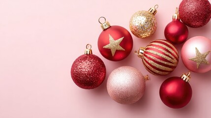 Close-up of colorful Christmas ornaments arranged on a smooth pink surface with festive reflections.