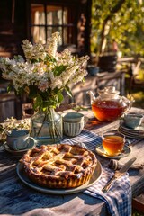 Charming outdoor setting featuring a homemade pie, tea in a glass teapot, and blooming flowers on a rustic wooden table