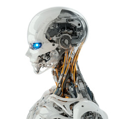 Fototapeta premium Detailed side view of futuristic white robot head with visible internal mechanical parts