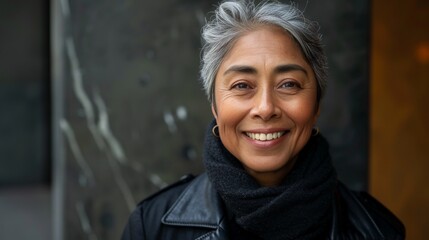 Elegant silver haired woman radiating confidence and warmth against a dark background