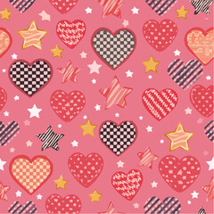 Seamless vector pattern with y2k checkered hearts and stars. Pink emo goth background with love symbols. Cute texture for wrapping paper, wallpaper, fabric, print, cover design. Valentine day ...