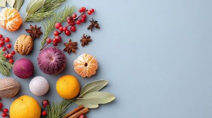 Assorted fresh fruits and vegetables neatly arranged on a vibrant blue background in bright daylight.