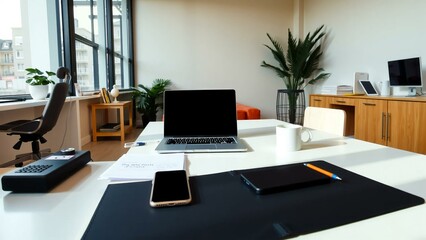 Fototapeta premium Elegant and Organized Business Desk Capturing the Essence of Modern Networking – AI generated