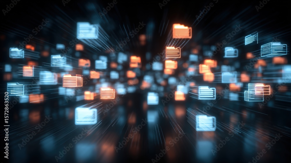 Poster abstract network grid with files and folders, futuristic software interface, digital document manage
