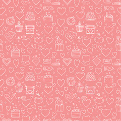 Seamless vector pattern with romantic doodle drawings in line art style. Coquette pink background for valentine's day, wedding, dating event. Cute texture with outline whimsical ...