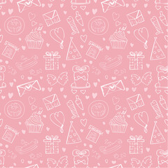 Endless Vector Design Featuring Whimsical Doodle Illustrations in Line Art Style, Playful Pink Backdrop Ideal for Valentine's Day, Weddings, and Romantic Occasions.