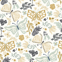 Fototapeta premium Hand drawn butterflies pale colors seamless vector pattern